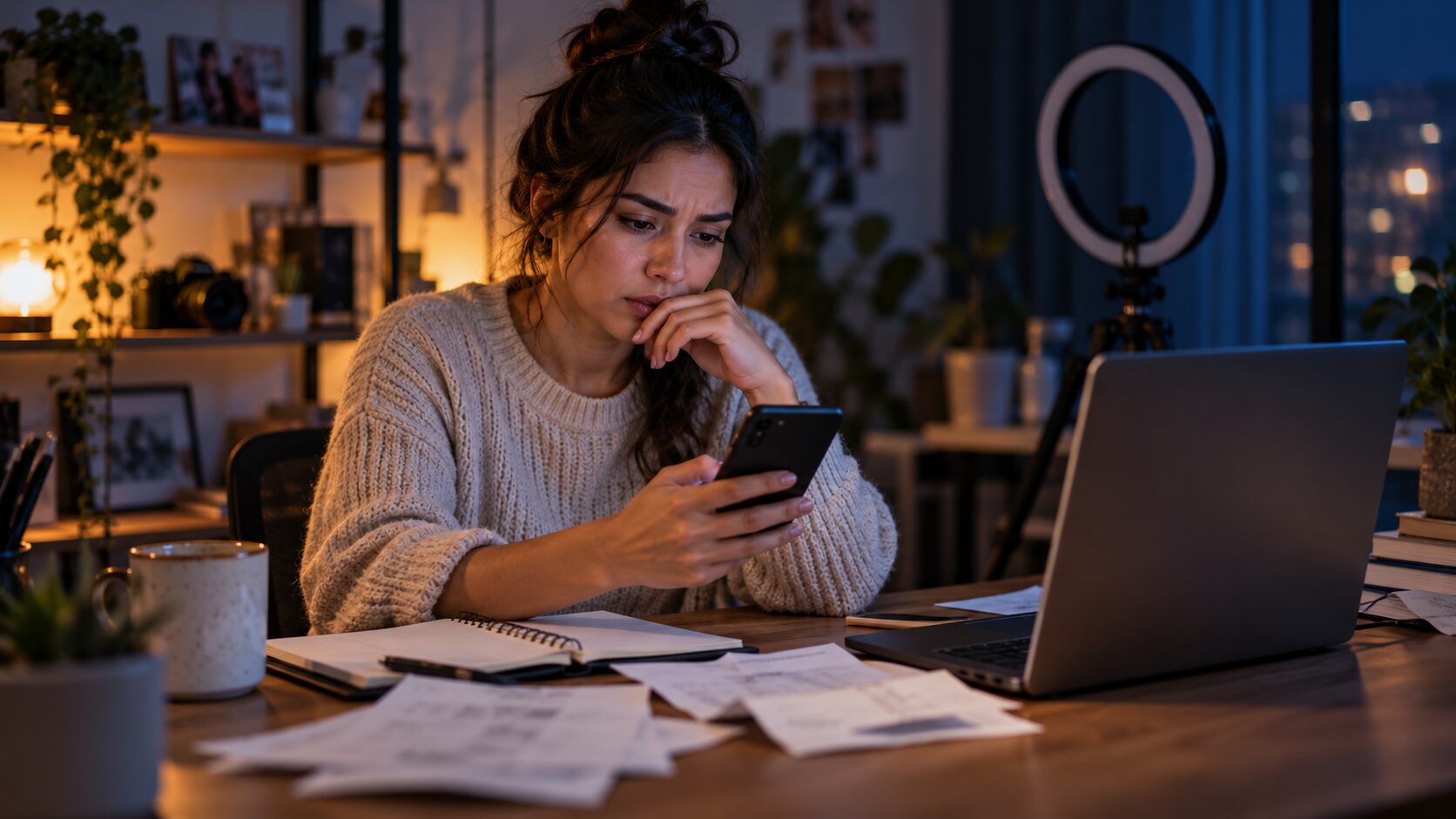 Escena ilustrativa de una creadora adulta revisando su teléfono en un estudio de trabajo.