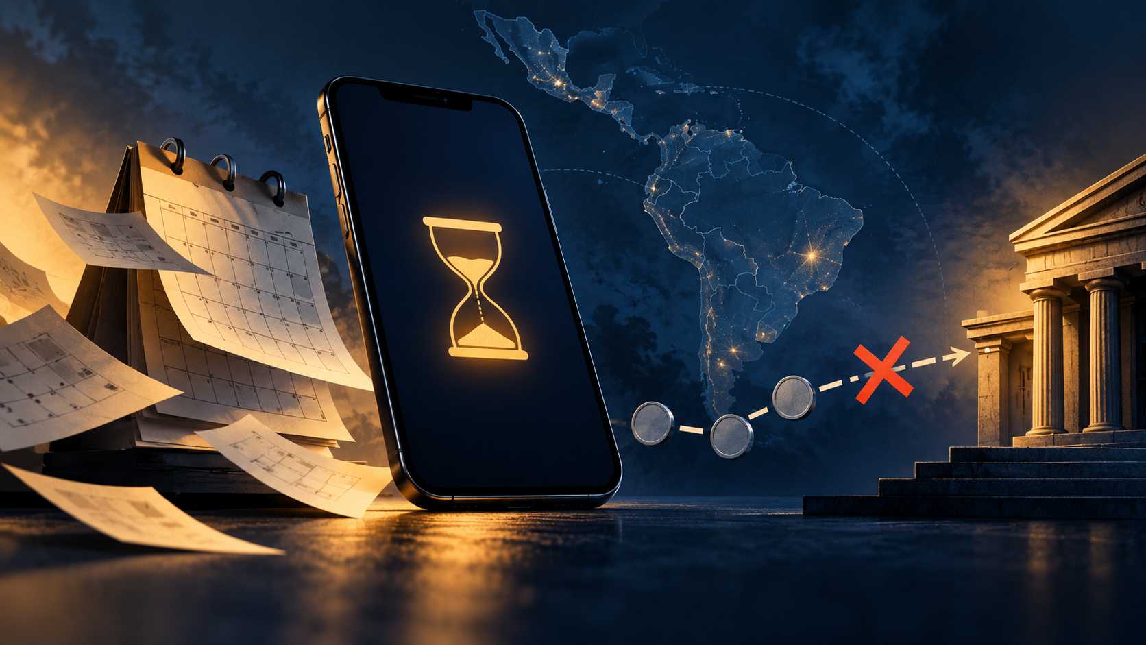 Ilustración de un teléfono con reloj de arena y una ruta de pago interrumpida hacia un banco.